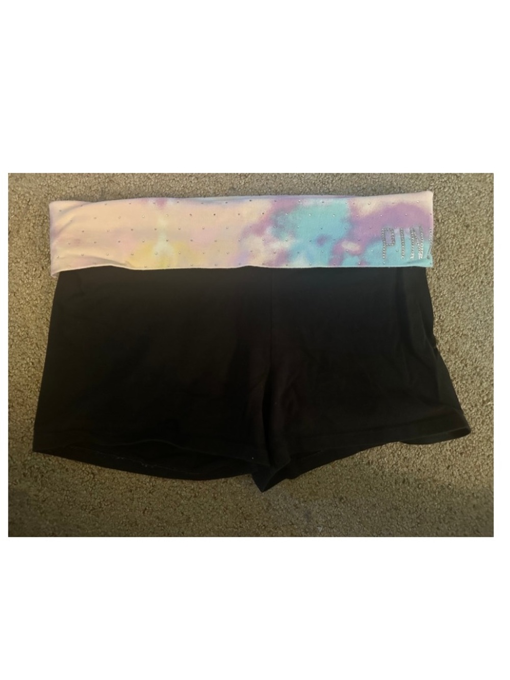 Victoria's Secret Black Yoga Shorts with Pastel Tie-Dye Foldover Waistband
